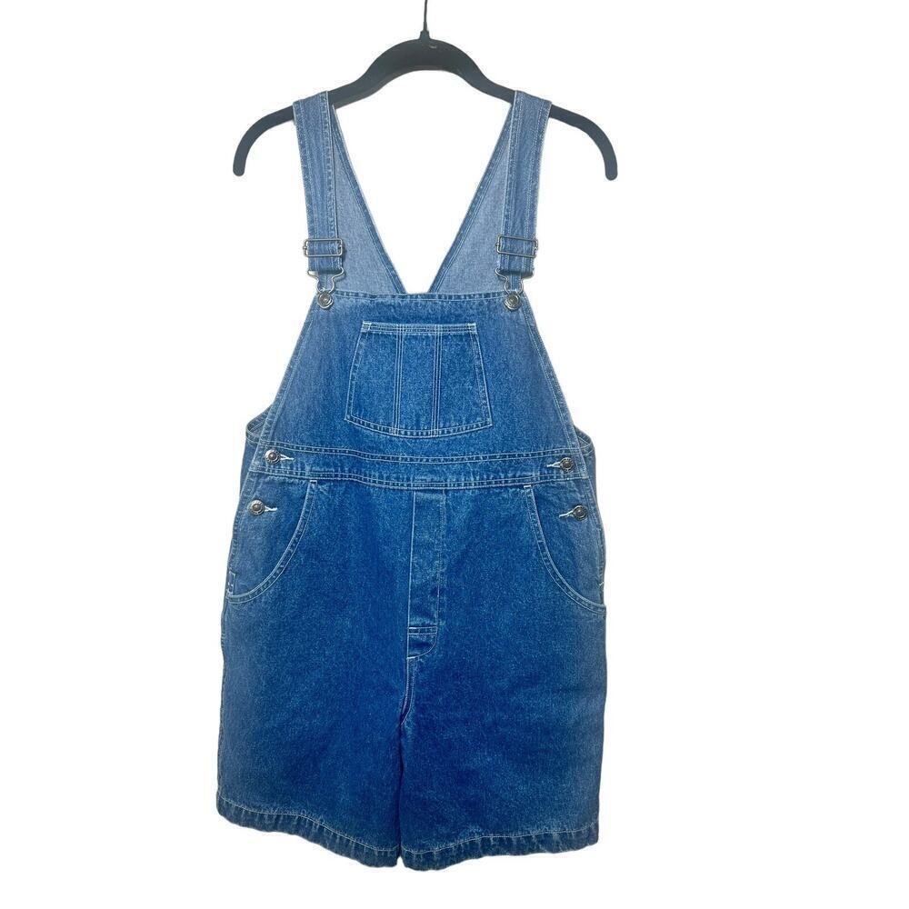 Vintage L.L. Bean Girls Denim Overall Shorts Carpenter Pockets Size Large 14/16